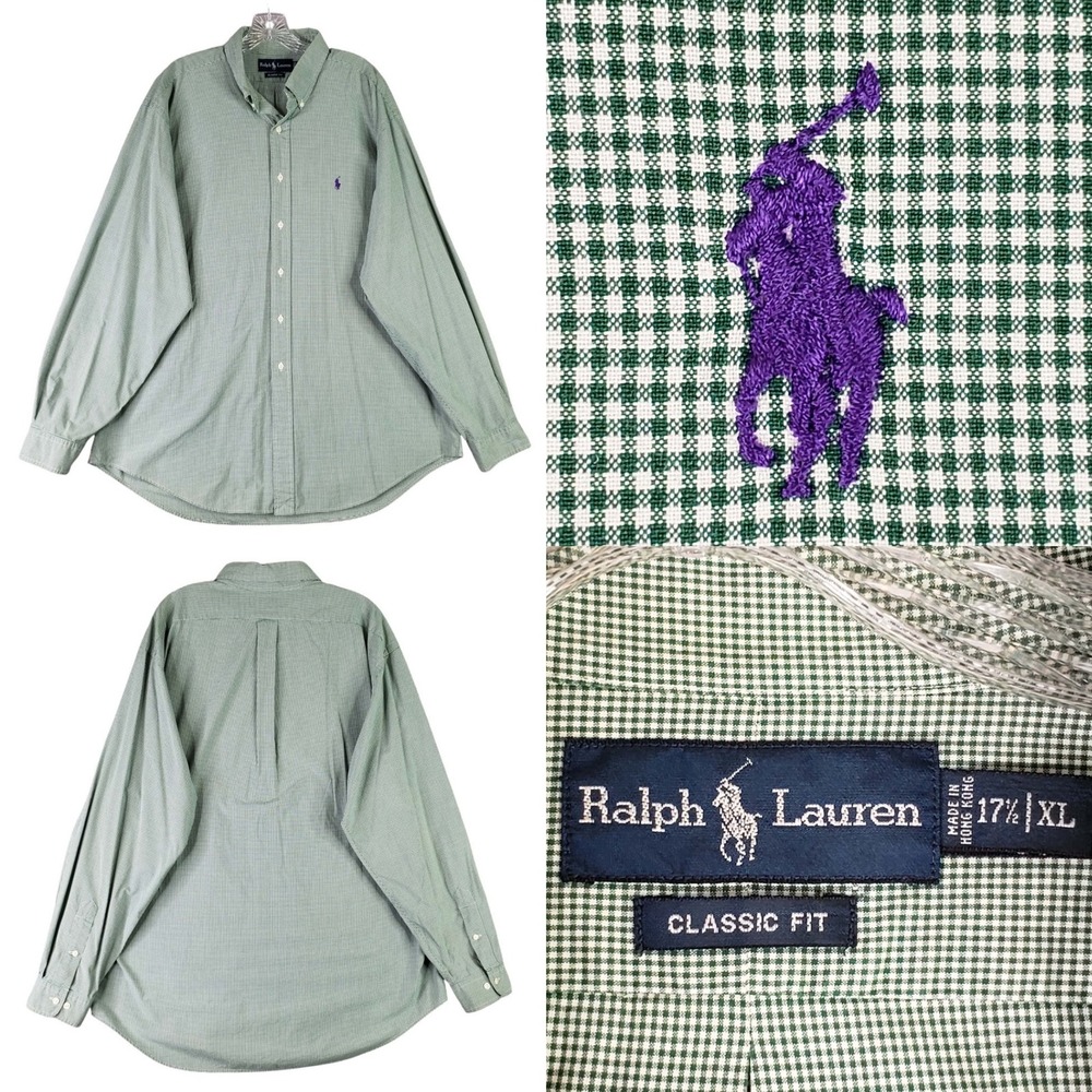 Polo Ralph Lauren Button Down Shirt Oxford Mens 17.5 XL Green Gingham LS